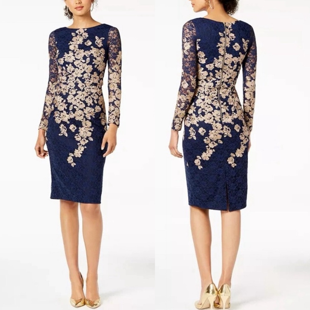 XSCAPE sz 6P Dress Sheer Long Sleeves Floral Sheath Lined Back Zip Navy Gold NWT
